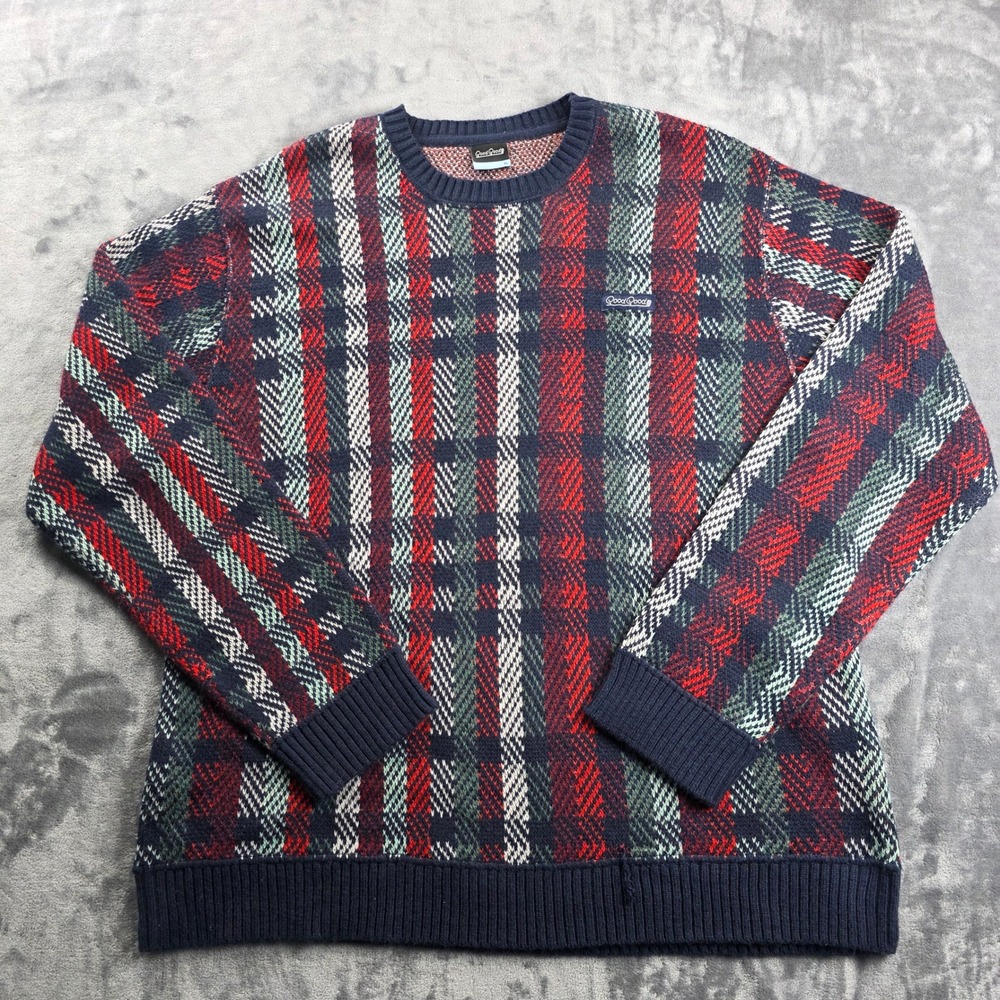 Good Good Golf Sweater Mens XL Navy Blue Red Green Plaid Knit Crewneck Logo